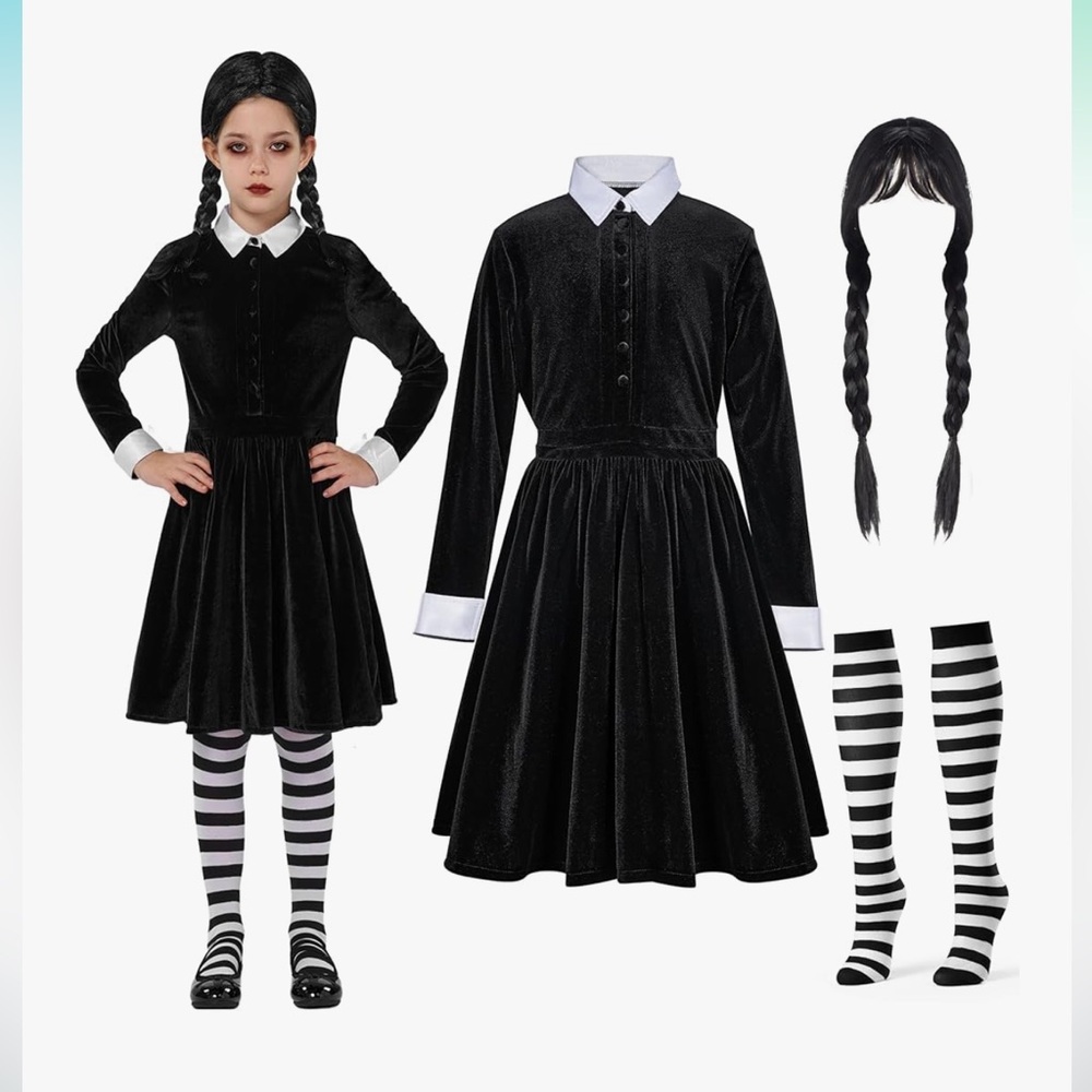 NWT Spooktacular Girls Black Skater Dress Halloween Costume Goth wig socks